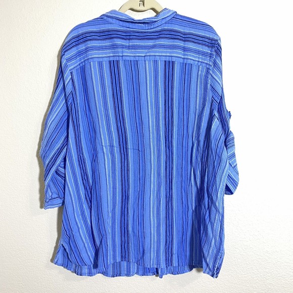Catherines Womens Blouse Top Size 4x Cotton Blue Roll Tab Sleeve Beads Stripe - Picture 2 of 8